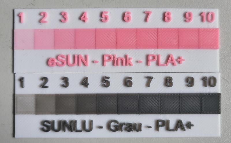 Hueforge TD Test Grids mit Filamentbezeichnung