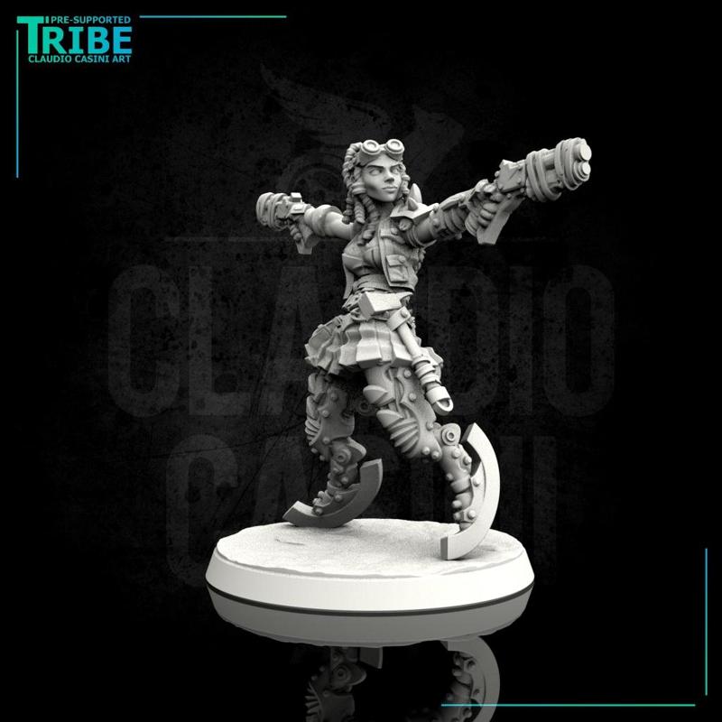 (0104) Female sci-fi post-apocalyptic street warrior with guns and bionic legs