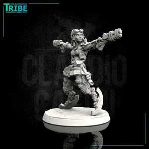 (0104) Female sci-fi post-apocalyptic street warrior with guns and bionic legs