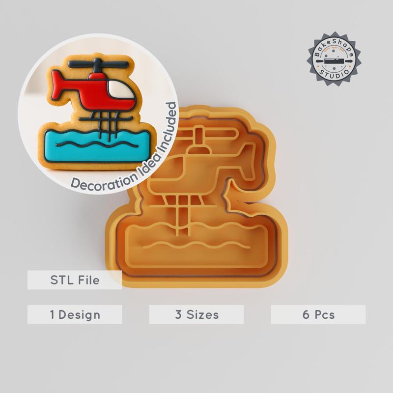 Ocean Rescue Helicopter Shape Cutter & Stamp, Cookie & Fondant Set, 6-Piece, S/M/L Sizes PRODUCT_1116