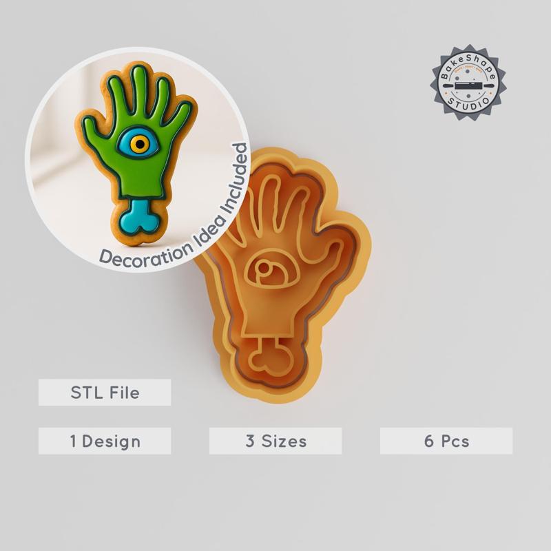 Zombie Hand Cookie Cutter & Stamp Set, 6pcs, Horror Baking Tool, Scary Hand Fondant Decoration, Sizes S/M/L PRODUCT_652