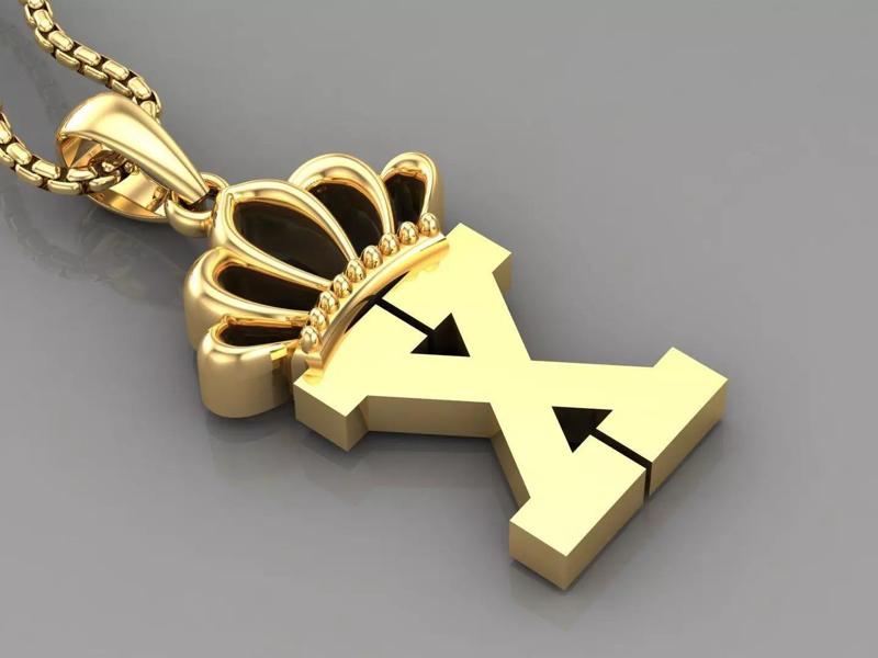 X Crown Letter Initial Pendant in 10kt Yellow Gold Cad Design