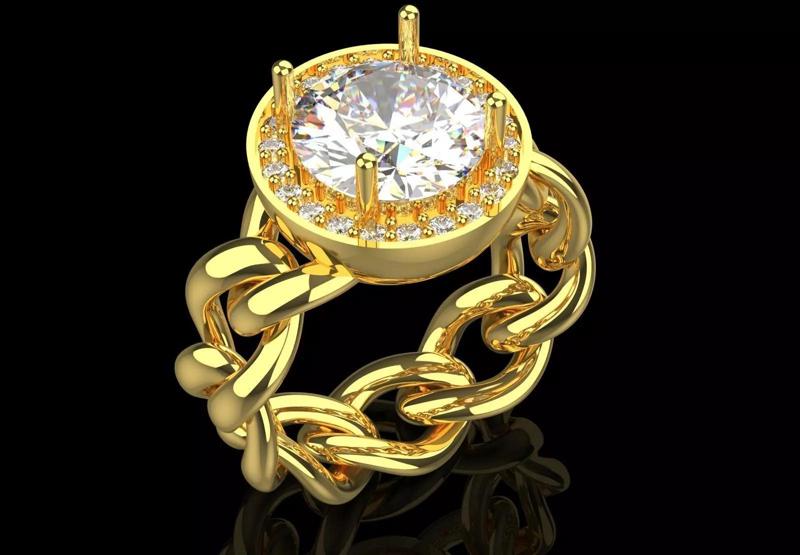 Yellow Gold 3dm stl Ring Chain Design Diamond Model jr00209
