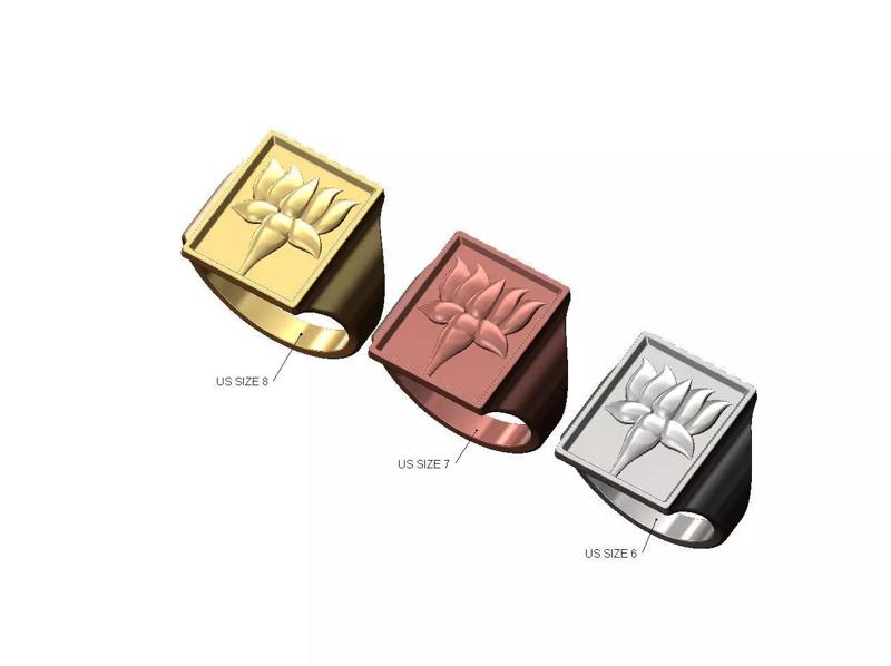 Lotus flower relief rectangular signet ring