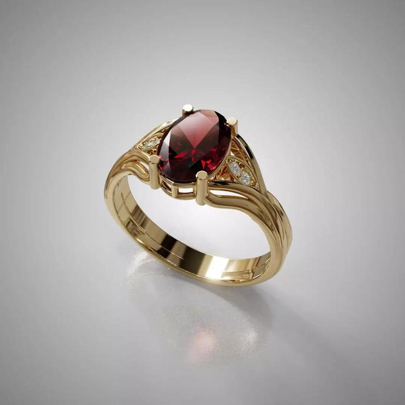 Gold Ring with Oval Red Gemstone and Diamond Accents 3D Print