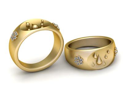 3D Printable Golden Ring with Teardrop and Floral Diamond Accents