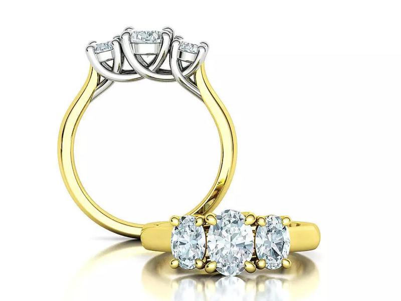 Trellis Three Stone Engagement Ring Oval Stones Twotone