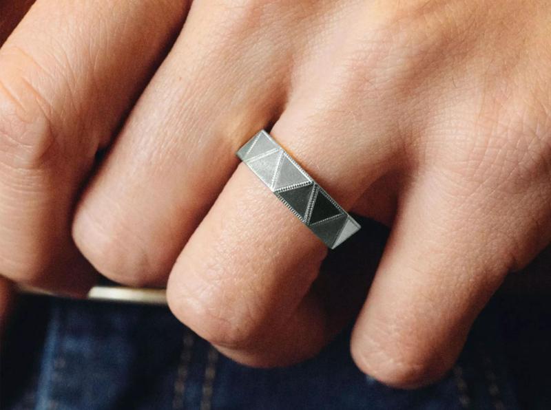 Triangular Faceted Oxidised Silver Ring Band
