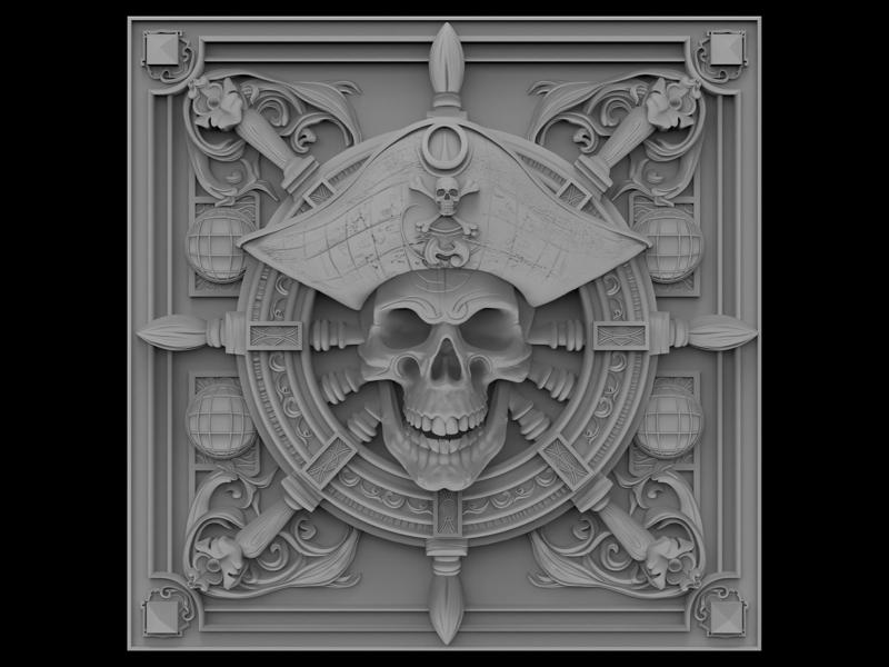3D Model STL File for CNC Router/Laser & 3D Printer Pirate Skull with Ship Wheel Panel