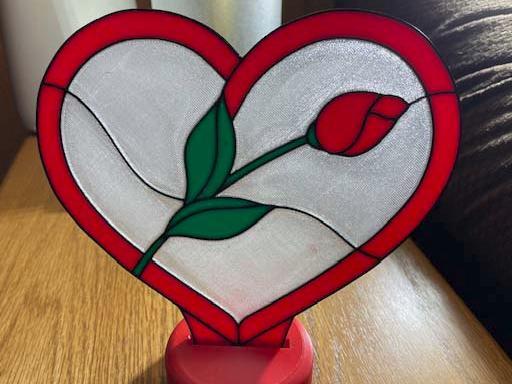 Valentine Stained Glass Heart with a Rose Bud.