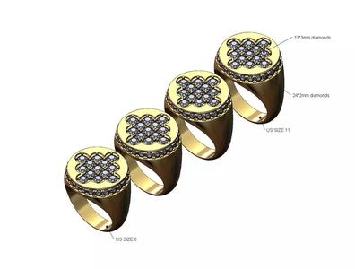 Square cluster and diamond side round signet ring US sizes 8to11