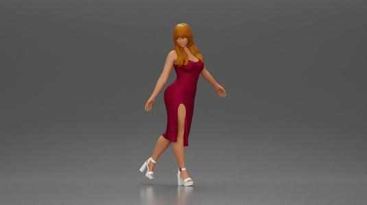 Elegant woman in red dress gracefully walking with confidence and poise