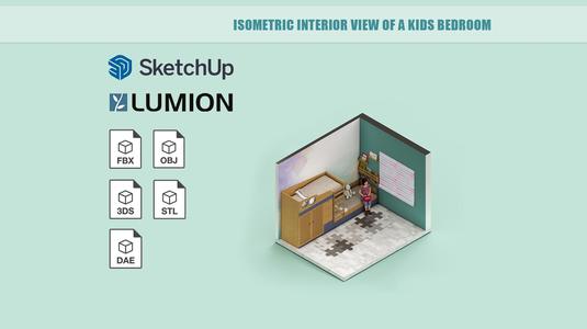 Isometric interior view of a kids bedroom