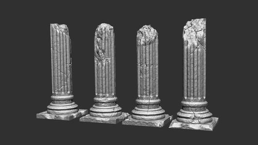 Ancient Ruins – Damaged Fluted Stone Columns (4-Piece Set) – 3D Printable Terrain