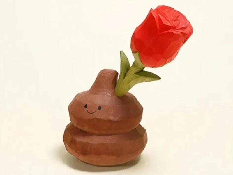 Faux Wood Carving【Flowers in Cow Dung! Struggle】Rose Desktop Ornament Valentine's Day Gag Gift for Girlfriend Decoration