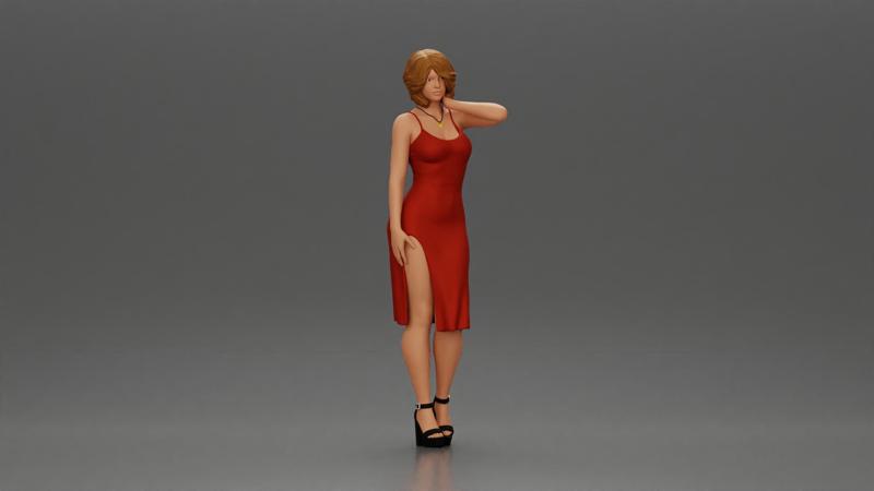 beautiful girl in a mini dress and heels with short hair places her hand on her neck