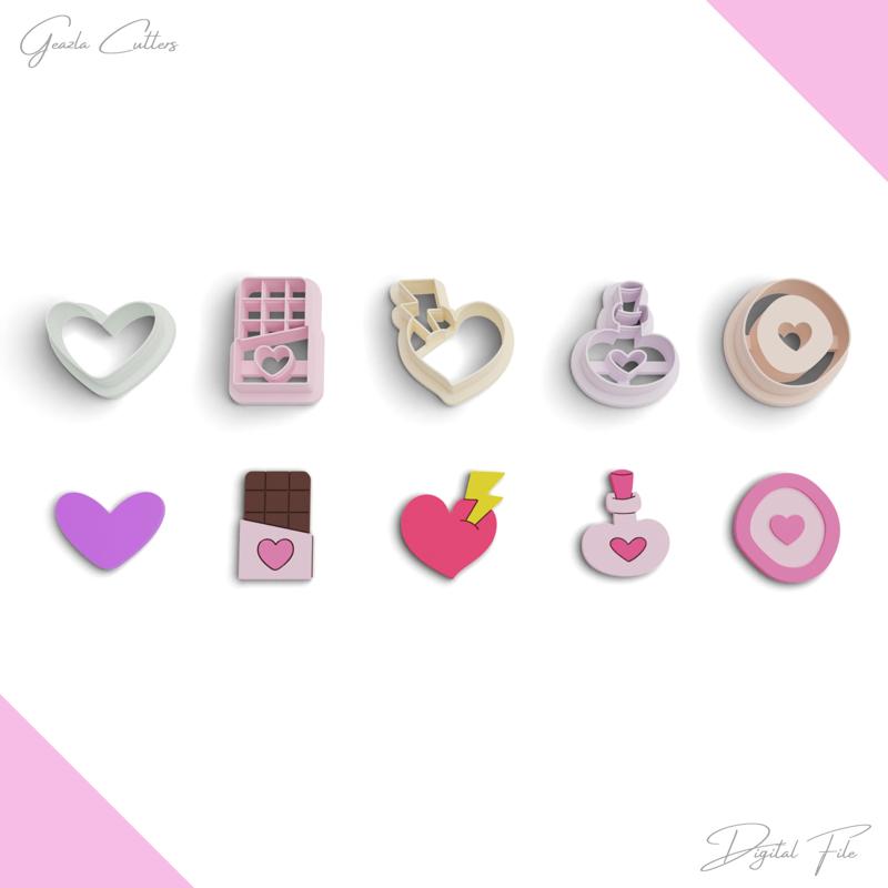 Valentines Day Polymer Clay Cutter Package, 5 Models, 2 Cutter Version, 5 Sizes Included, No: 1272