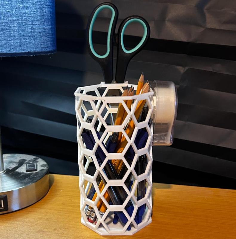 Pencil cup with scissor holder and tape holder