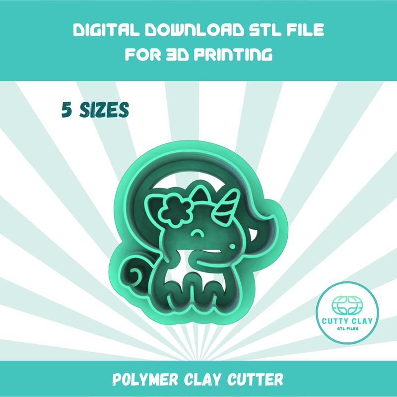 Cutty Clay stl unicorn polymer clay cutter, 5 sizes stl file for 3d printing