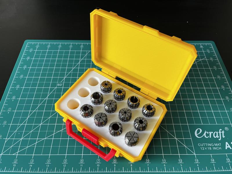 Storage Box for ER16 or ER20 or ER25 collets. 3D printed storage box with sliding lock and handle.