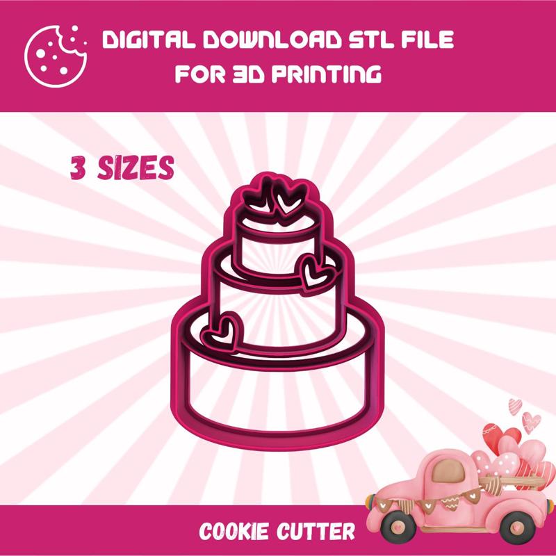 Cutty clay stl 3 tier valentine, wedding cake with hearts cookie cutter, 3 sizes stl file for 3d printing