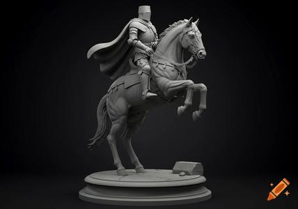 Sculpture of a medieval knight on a rearing horse, standing on a round base.