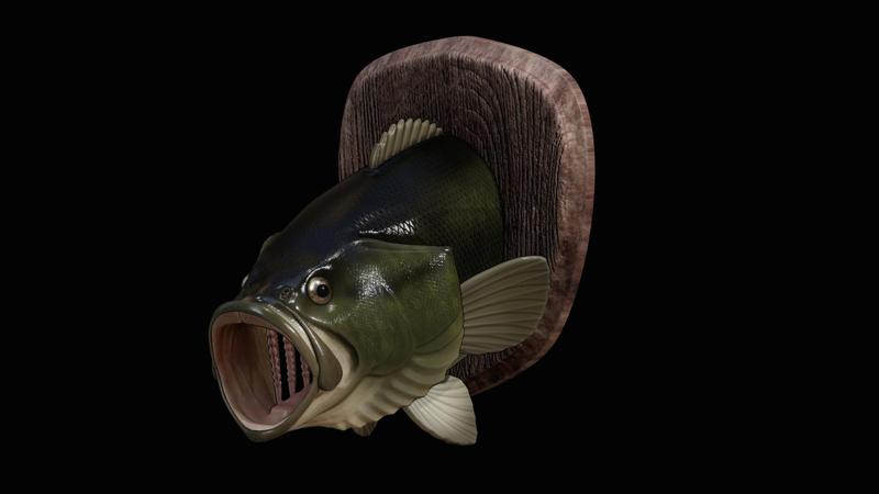 fish Largemouth Bass / Micropterus salmoides head trophy open mouth woodbase statue detailed texture for 3d printing
