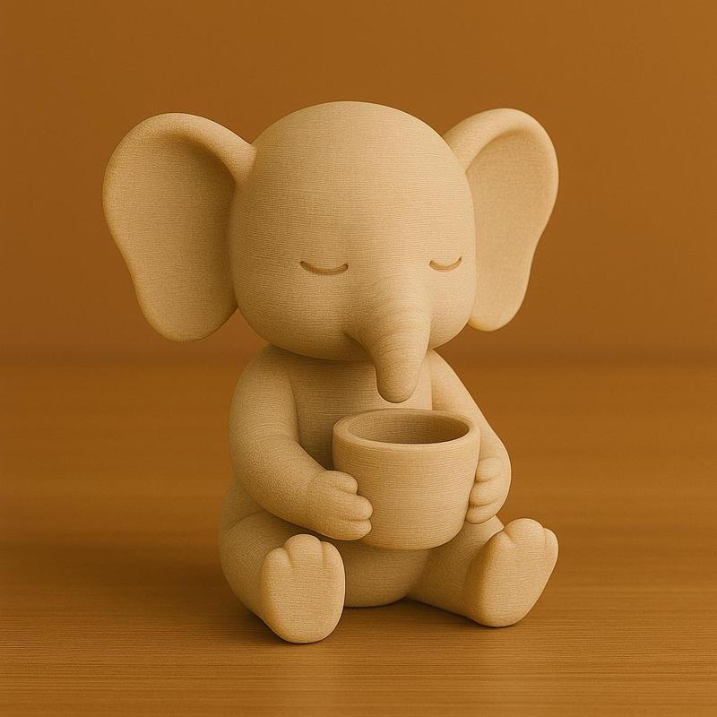 Cute Sitting Elephant with Cup – 3D Printable One-Piece Model STL