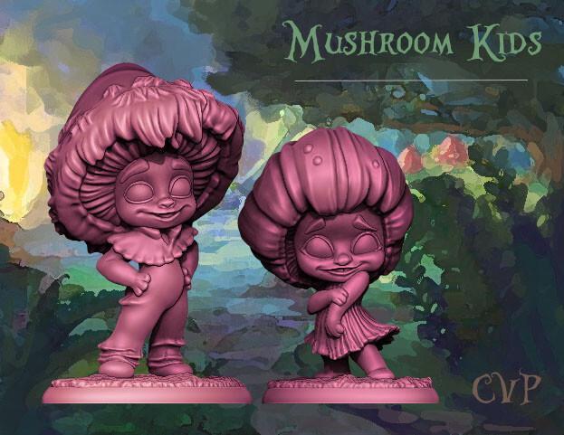 Mushroom / Myconid Twins - mushroom people / kids ( Kid myconids or mushroom people )
