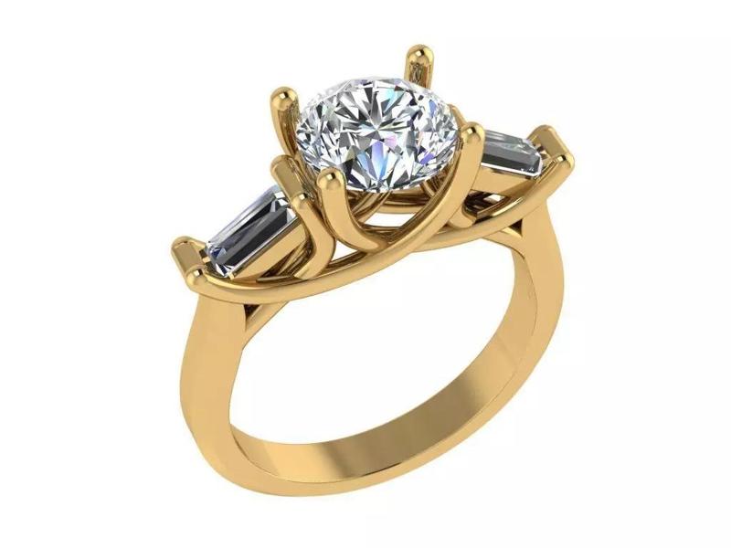Ring206 gold engagement ring with two baguette stones