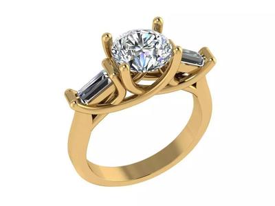 Ring206 gold engagement ring with two baguette stones