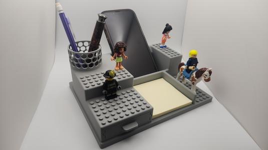 LEGO®-Compatible Desk Organizer with Phone Dock, Pen Cup, Drawer + Sticky Note Tray — Printable STL