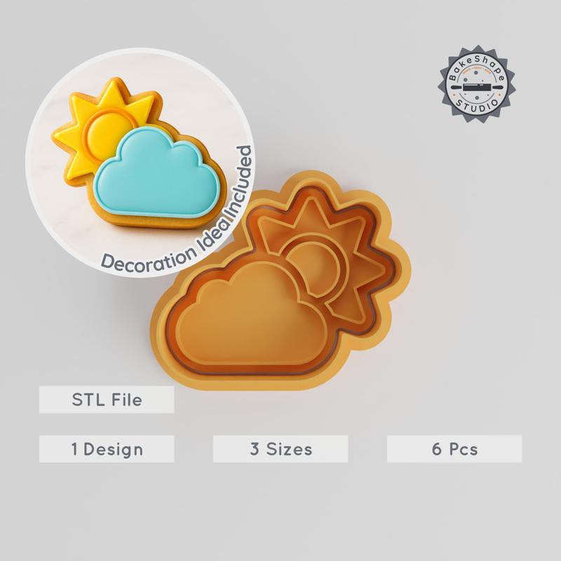 Cloud Sun Shape Cutter & Stamp, Cookie & Fondant Set, 6 Pieces, 3 Sizes S/M/L