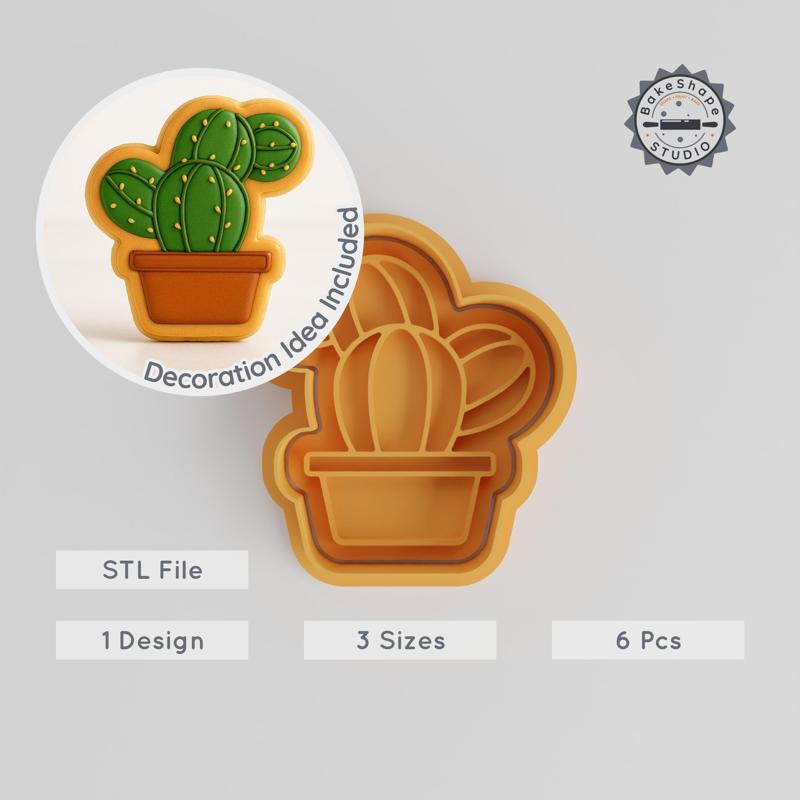 Bunny Ear Cactus Shape Cutter & Stamp Set, Cookie & Fondant Tool, Prickly Plant Design, 3 Sizes S/M/L, 6-Piece Collection