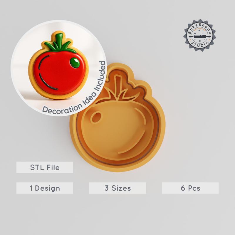 Tomato Shape Cutter & Stamp Set, Perfect for Cookies & Fondant, Food Decoration, Includes 6 Pieces in S/M/L Sizes