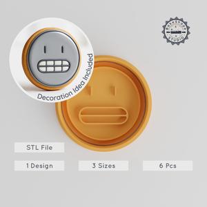 Grimacing Emoji Cookie Cutter & Stamp, 6-Piece Set, Worried Face, Teeth Clenching, Nervous Smile, Fondant Baking Essentials