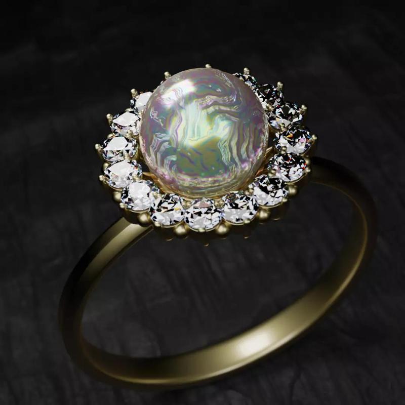 3D Model Ring with Pearl in the Center and a Crown 16 Diamonds