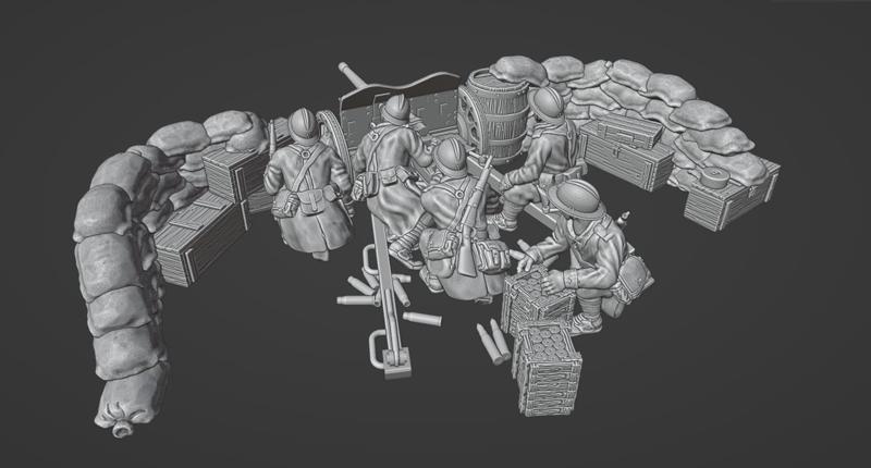 WW2 28mm french 47mm AT GUN with crew and sandbag barricade