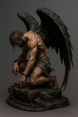 Fallen Angel in Chains - Epic sculpture of black wings, strength and darkness.