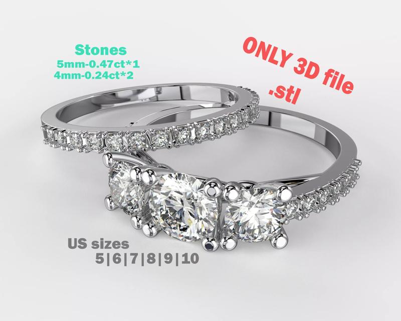 Engagement double ring THREE STONES -STL printable