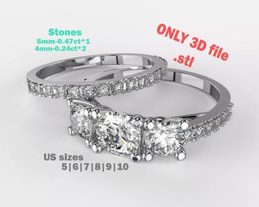 Engagement double ring THREE STONES -STL printable