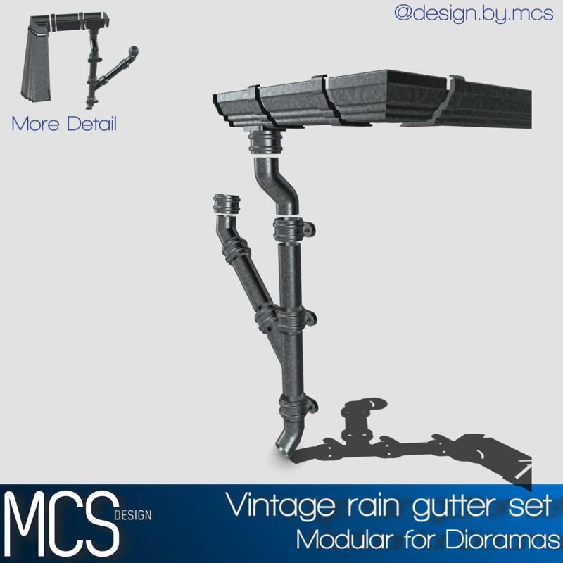 Modular vintage rain gutter N pipe set for Diorama