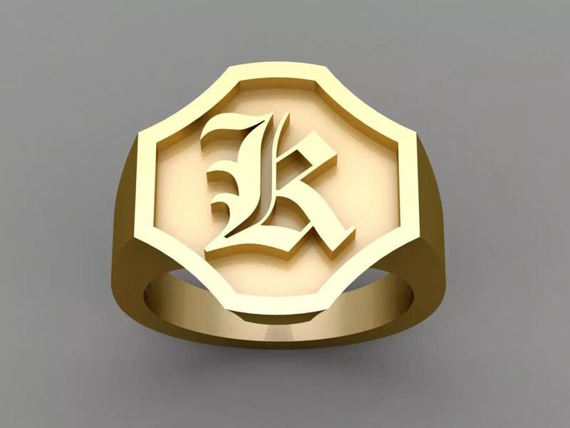 K Letter Solid Gold Signet Ring Monogram Men Ring