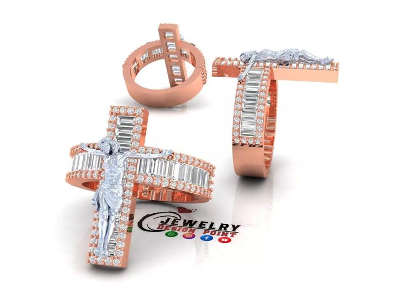Custom Jesus Cross Ring With Baguette Diamonds - Religion Ring