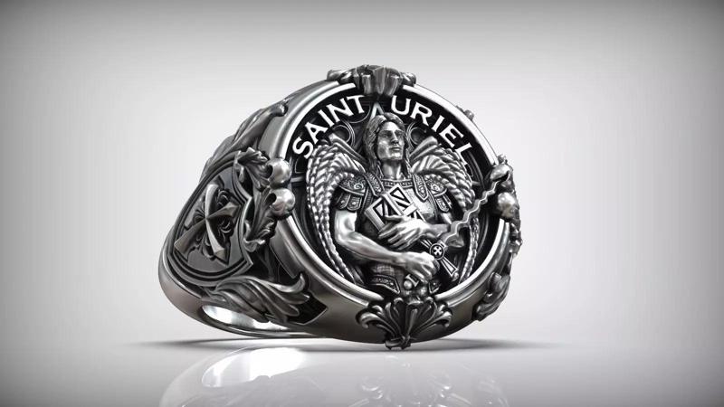 Saint Uriel Archangel Sword Cross Shield Christian Ring