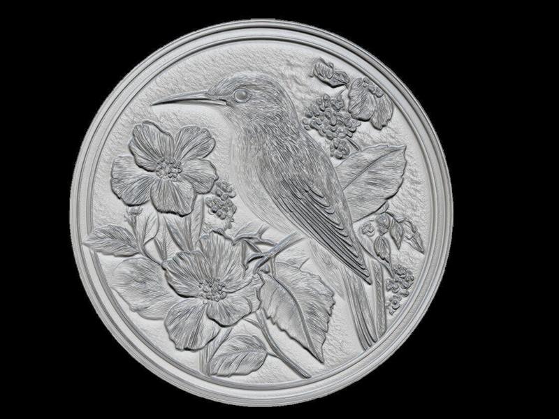 Round Bird with Flowers Relief