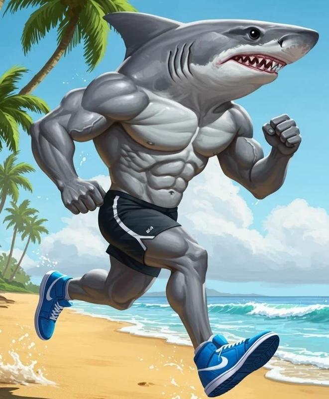 A muscular anthropomorphic shark Tralalero Tralala wearing blue sneakers