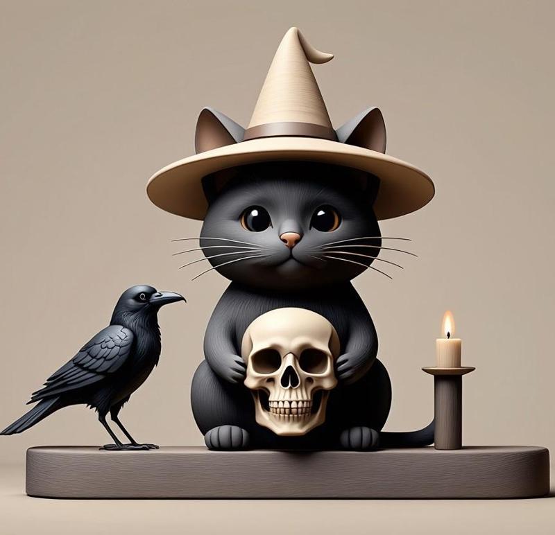 2340 Witch Cat with Skull, Raven, and Candlestick - Ivory-Style Figurine, magic, dragon, serpent, wood, gnome, gorgon, warrior, wild, fox, monster, cat, fair, witch, werewolf, horror, beast, snake, troll, skeleton dance