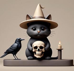 2340 Witch Cat with Skull, Raven, and Candlestick - Ivory-Style Figurine, magic, dragon, serpent, wood, gnome, gorgon, warrior, wild, fox, monster, cat, fair, witch, werewolf, horror, beast, snake, troll, skeleton dance
