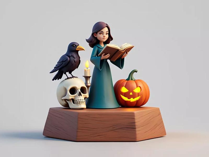 2456Halloween Witch with  Skull  Raven and Pumpkin